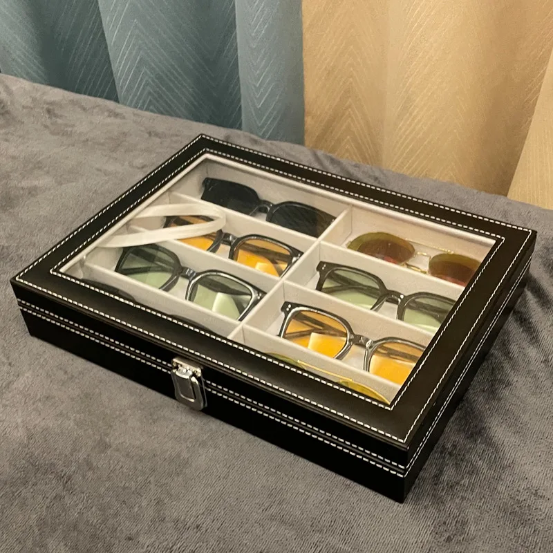 8 Grids Glasses Storage Jewelry Box Watches Dustproof Organizer Display Eyeglasses Organizers Sunglasses With Cover Faux Leather