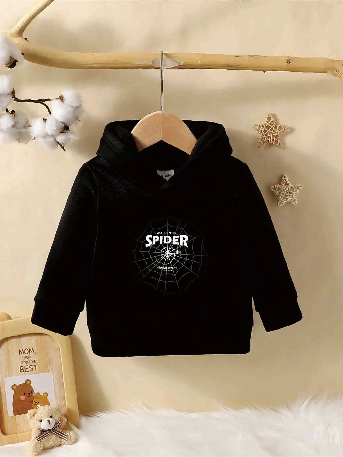 Spring And Autumn Boys  Sweater Round Neck Long Sleeve Hooded Letter Spider Web Pattern Fashion And Warm Infant Toddler