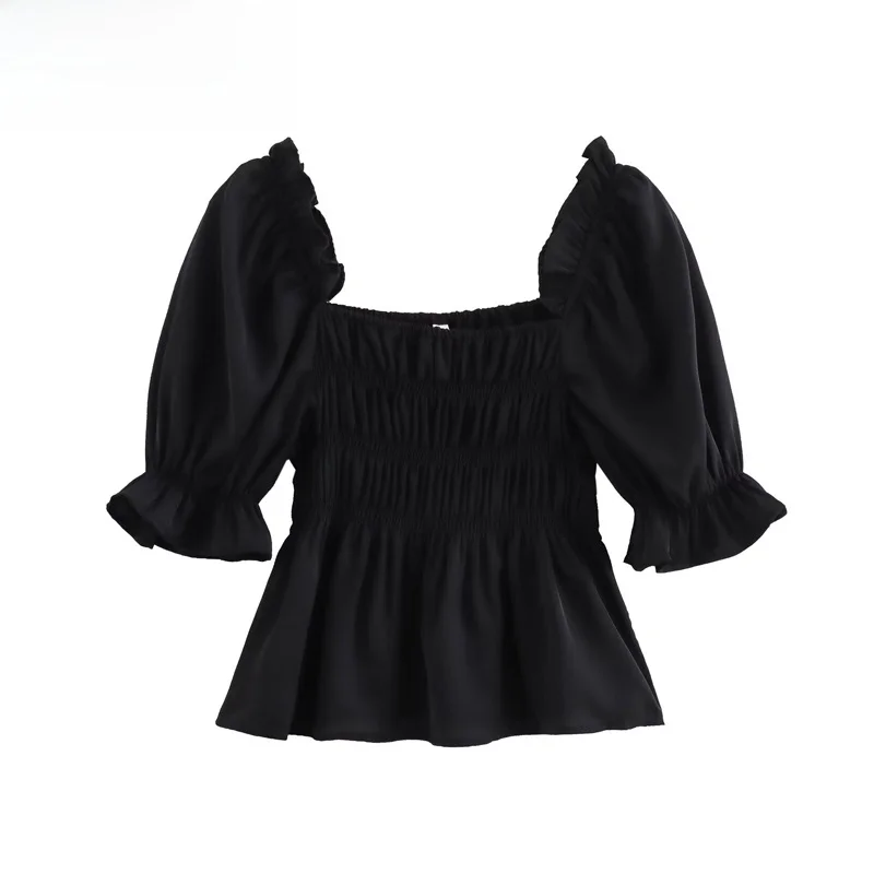

Spring New Faion Women's Bla irt Simple Chest Strap Matching All Seasons Polyester Fiber ort Sve Square Collar