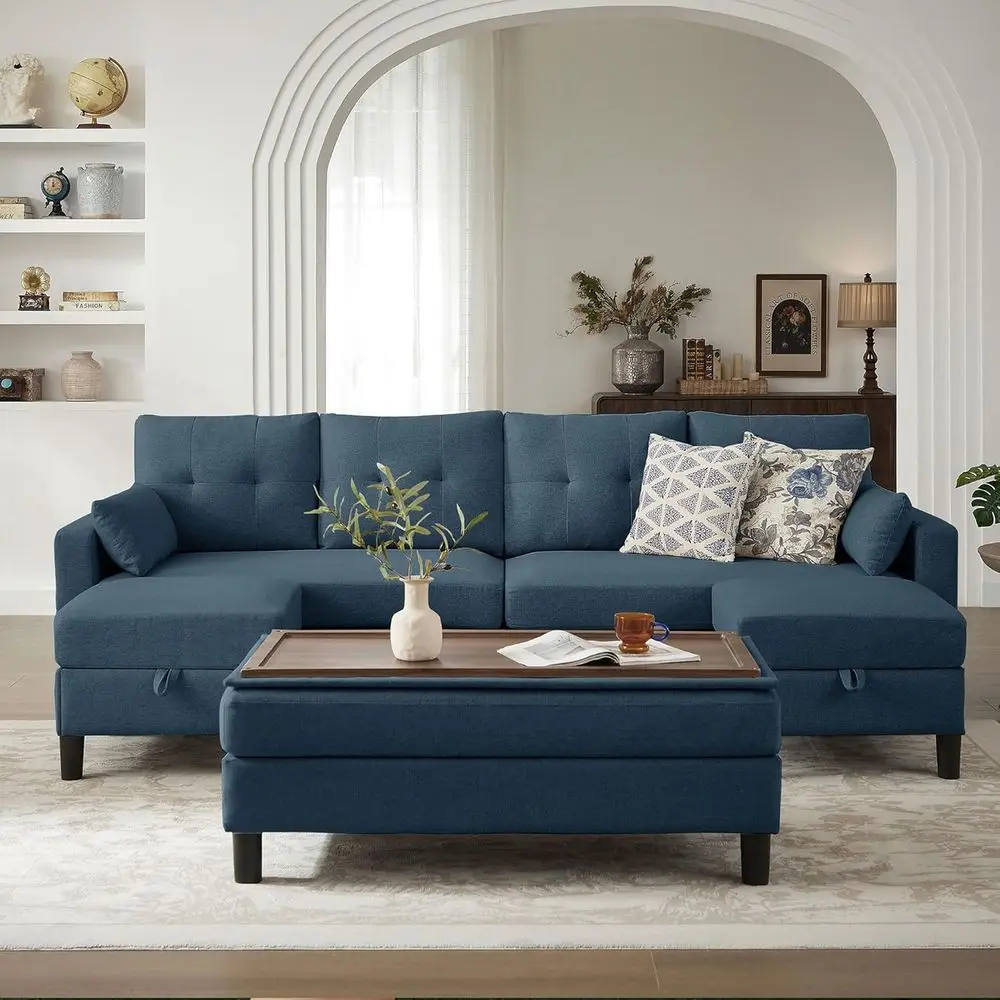 

U-Shaped Sectional Sofa with Reversible Chaises, Ottoman Coffee Table, 4-Seat, Blue Linen Fabric for Living Room