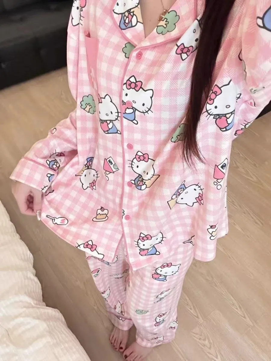 Nouveau pyjama Hello Kitty Sanrio Anime rose doux mignon vêtements de ménage KT impression complète automne hiver fille étudiant manteau de nuit costume