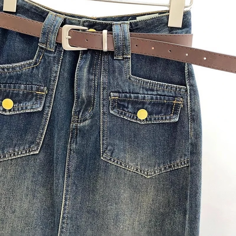 Vrouwen Dubbele Zakken Denim Rokken Herfst Vintage Mode Hoge Taille Rechte Pijpen A-lijn Halve Rokken All-Match Vrouwelijke Kleding