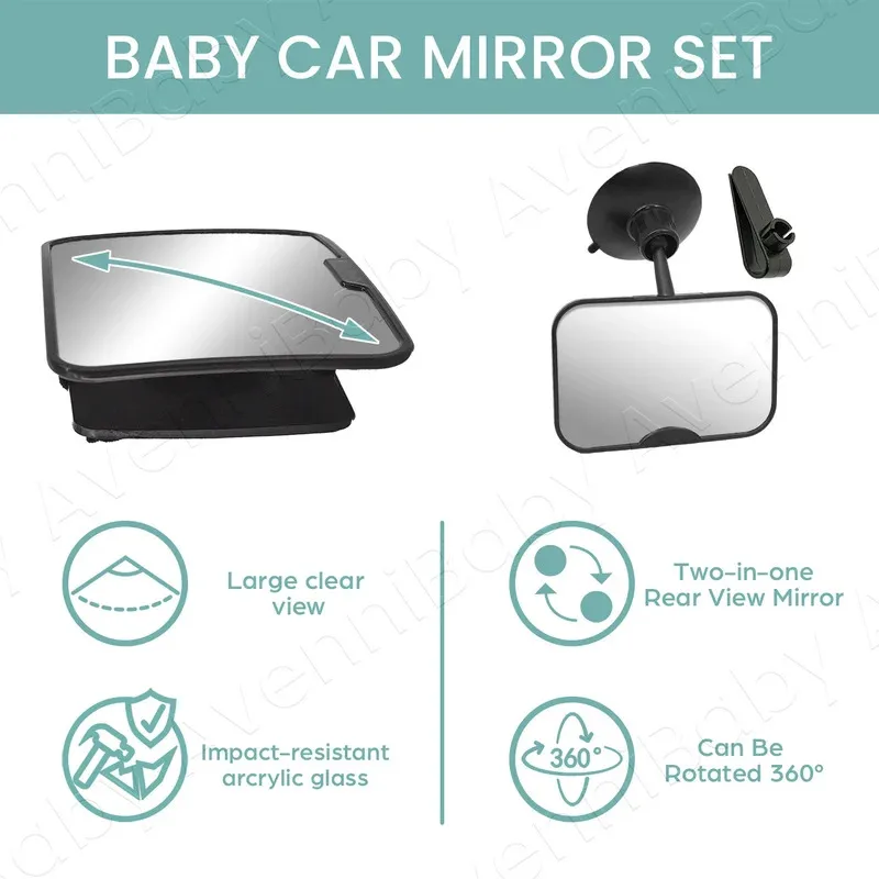 2PC Baby Car Mirror Set Including Clip-On Forward-Facing Mirror & 360° Rotatable Shatterproof Car Seat Mirror