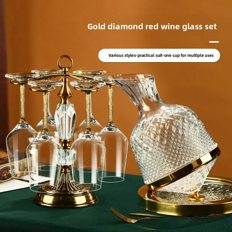 6Pcs high-grade gold light luxury red wine  holder set, rotating tumbler decanter, crystal glass wine glass.