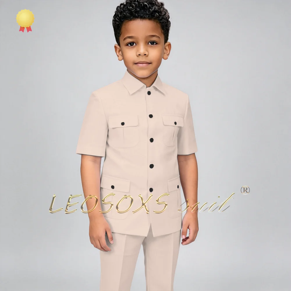 Boys Elegant 2-Piece Set Short Sleeve Jacket Trousers Lapel Design Boys Wedding Guest Attire Prom Party Costume