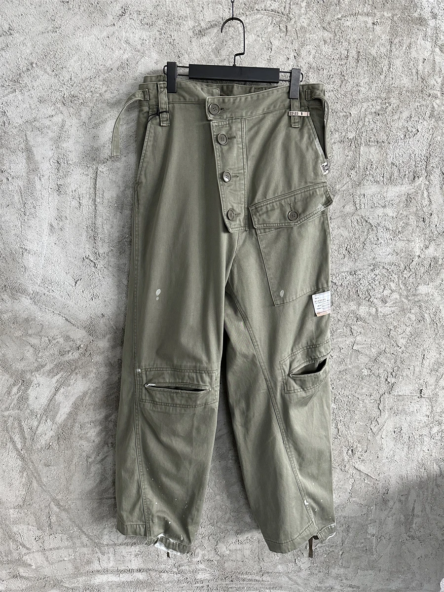 Deconstructing Multi-Pocket Splash-Ink Washed Distressed Wide-Leg Pants Outdoor Loose Overalls Army Green Retro Straight-Leg