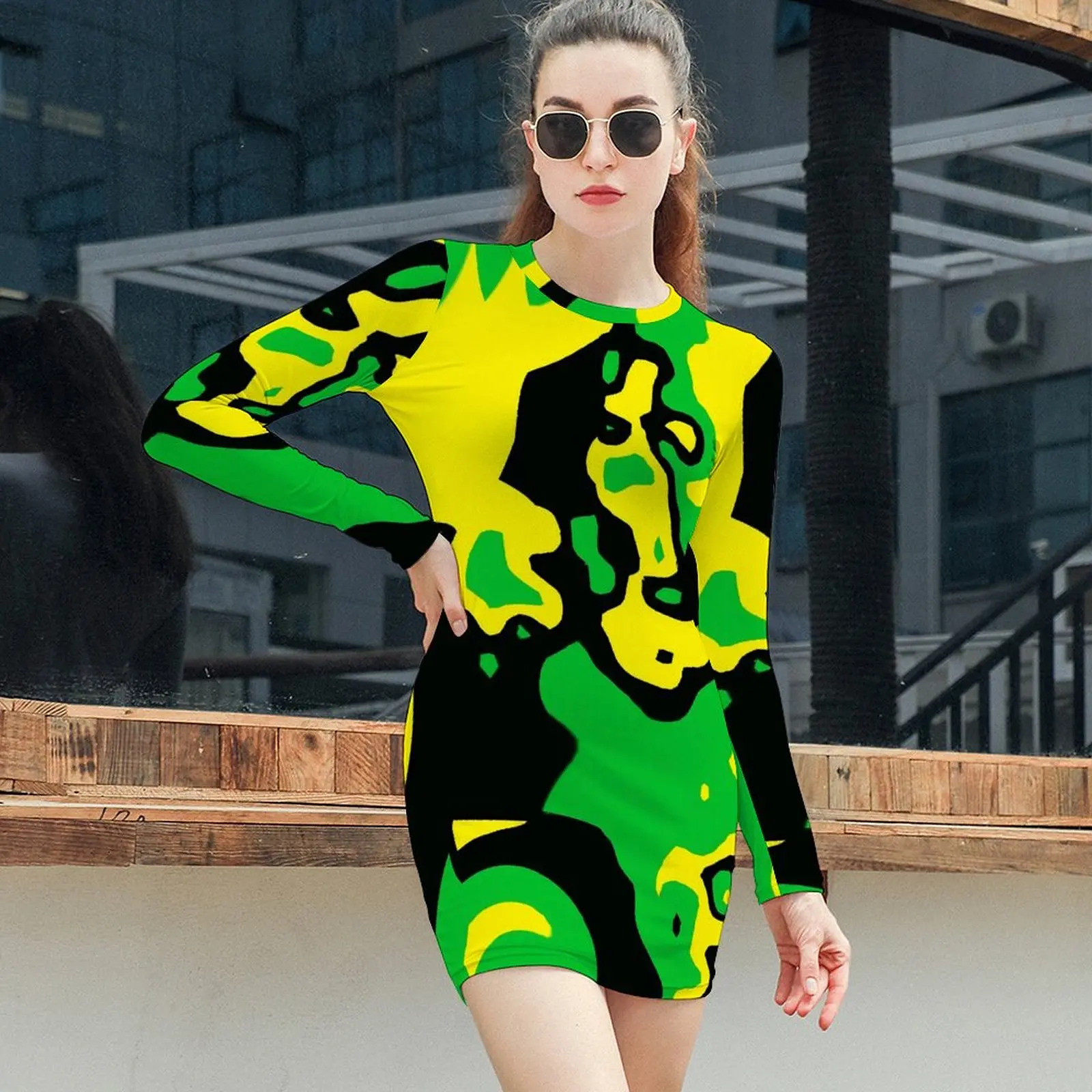 Jamaica Flag Dress Long Sleeve Colors of Jamaica Art Elegant Dresses Autumn Womens Fashion Custom Bodycon Dress Large Size