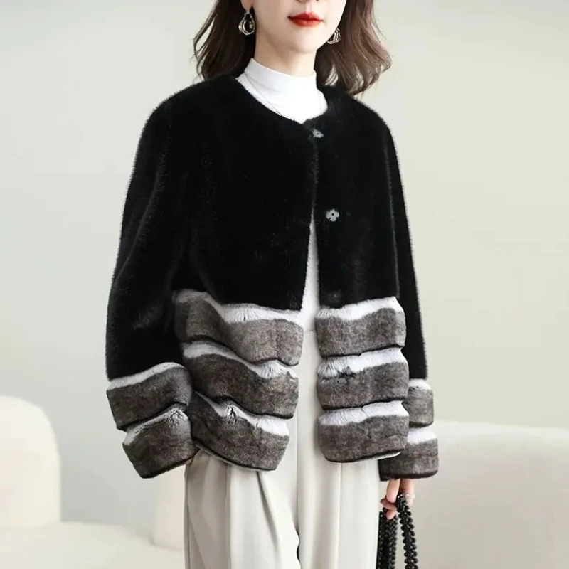 Winter Women Faux Mink Fur Contrast Color Striped Coat Eco-Friendly imitation Fox Fur Bomber Jacket Flocking Parka Cardigan Tops