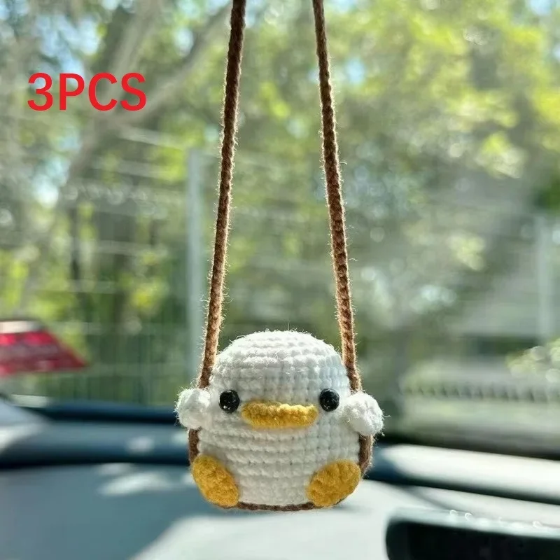 3PCS Cute Car Accessories,Car Mirror Decor Hanging Cartoon Animal Car Rearview Mirror Handmade,Crochet Pendant Ornament Gift