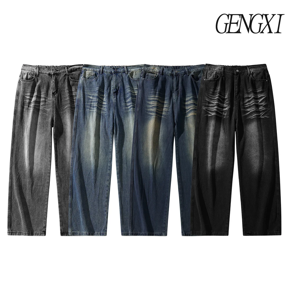 

Мужские потертые винтажные джинсы свободного кроя, новые уличные брюки прямого кроя с градиентным дизайном, повседневные брюки в корейском стиле