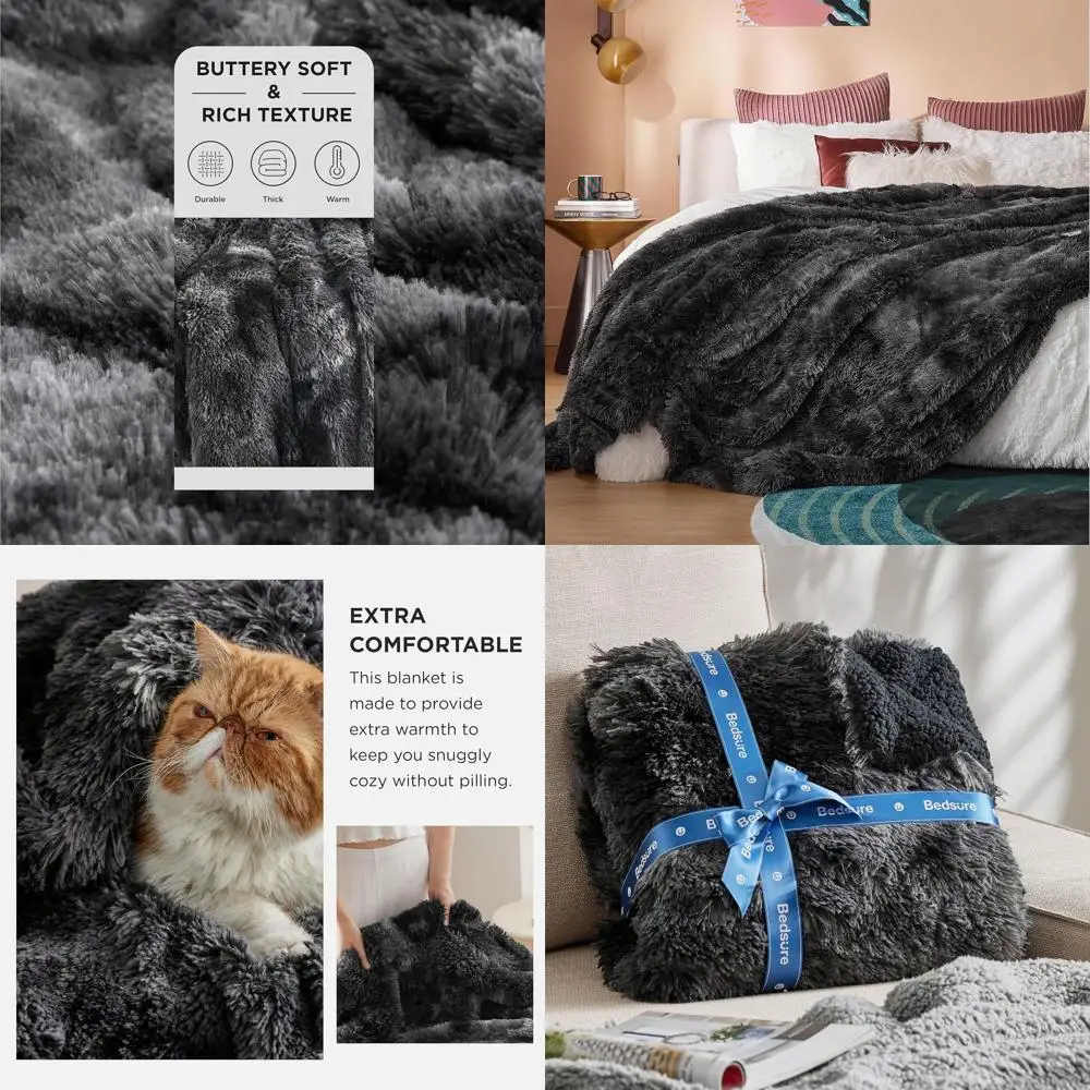 

Thick Plush Black King Size Tie Dye Sherpa Blanket, Soft Fleece Bedding for Winter Warmth, 108x90