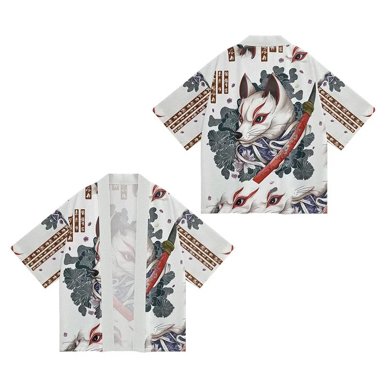 سترة كيمونو يابانية ملابس تقليدية صيفية عصرية سترة زهر الكرز قناع ثعلب مطبوع قماش ناعم ومريح #6