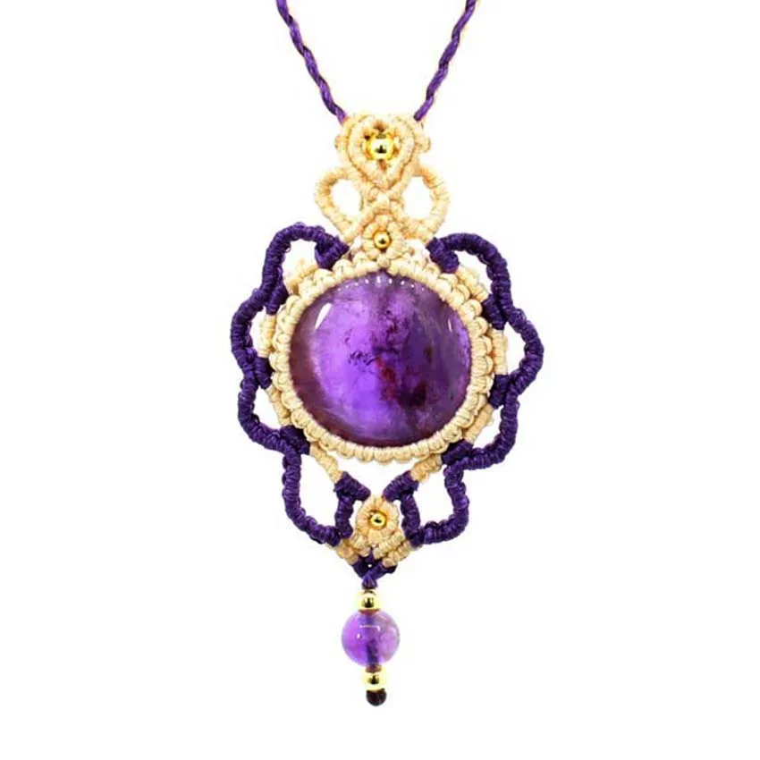 

Unique Elegant Style Natural Gem Stone Pendant Necklace Handmade Knit Female Jewelry Amethyst Black Agate Green Aventurine