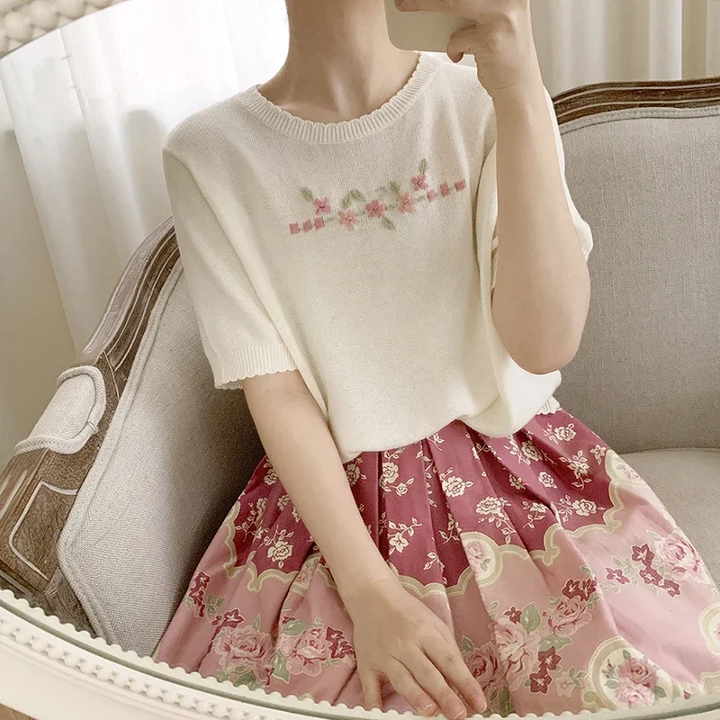 Prairie Chic Knitted Tops Women Handmade Floral Embroidery Loose Tee for Sweet Girl Kawaii Clothes