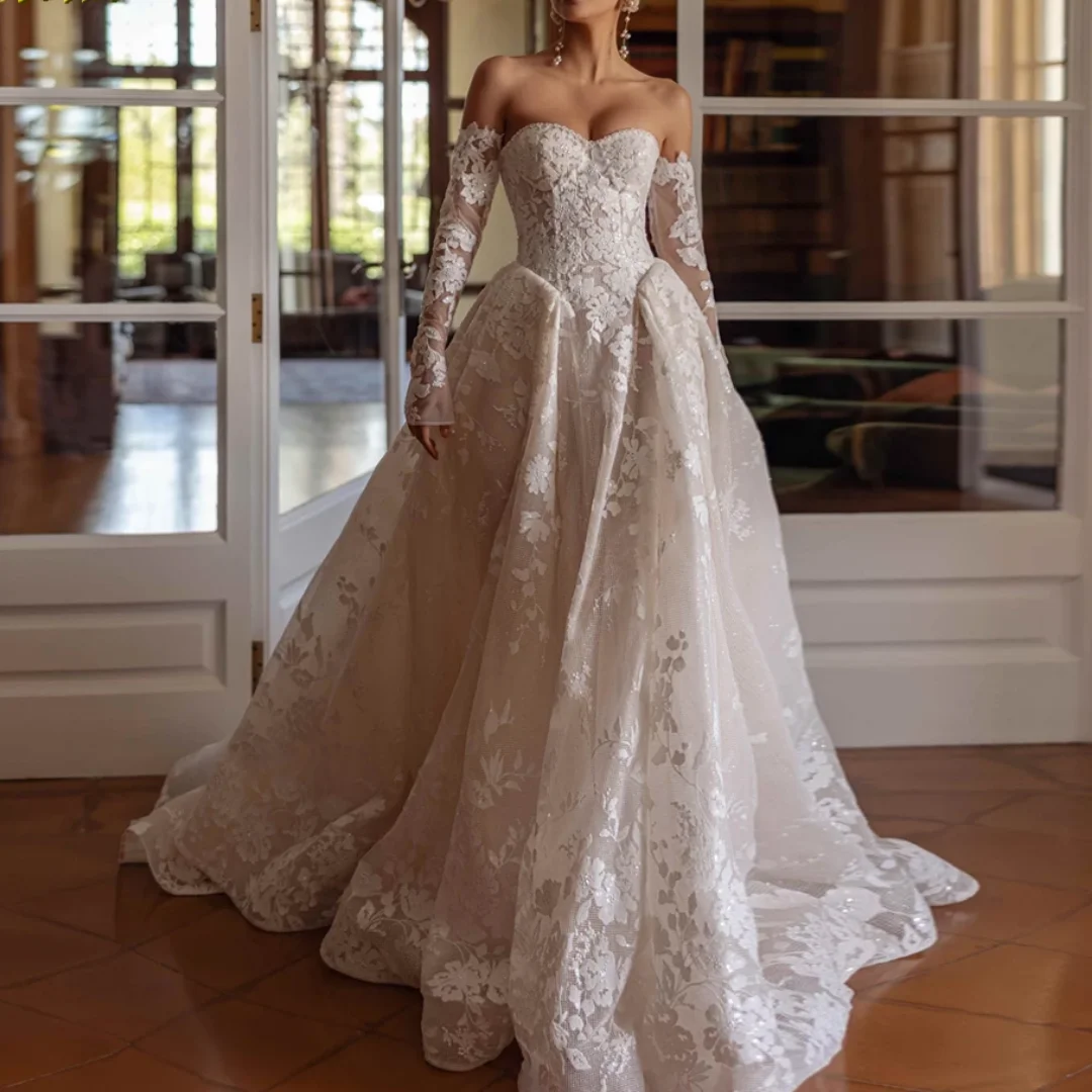 

A-Line Graceful Wedding Dresses Strapless Long Sleeve Vestido De Novia Lace Embroidery Vintage Bridal Gown Custom Made