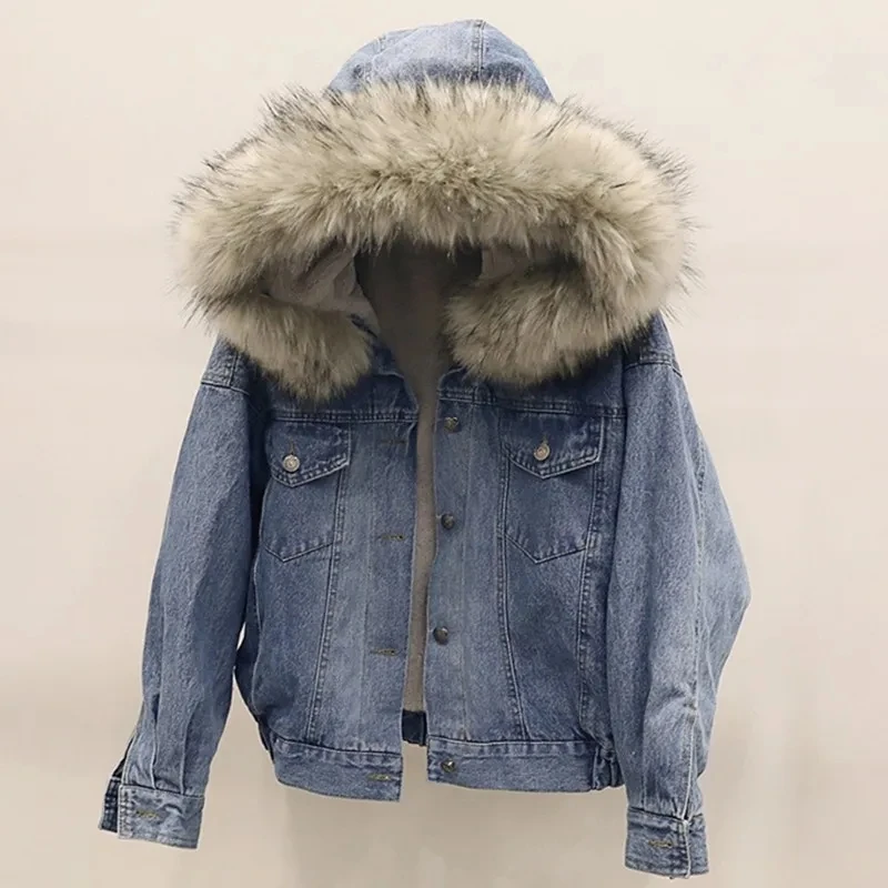 

Denim Cotton-Padded Jacket Women Overcoat New Winter Plus Velvet Thicke Warm Parker Coat Fashion Loose Hooded Lambswool Coat 6XL