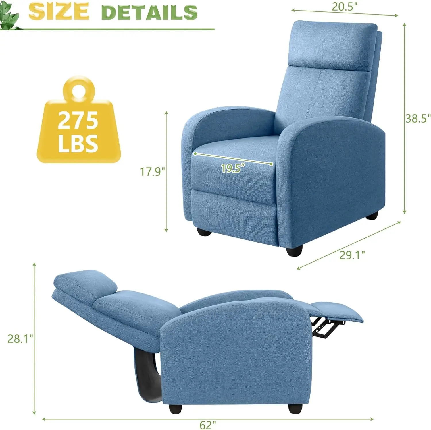 Chair for Living Room Adjustable Fabric Reclining Chair Home Theater Seating Modern Winback Single Sofa for Adults with Footrest