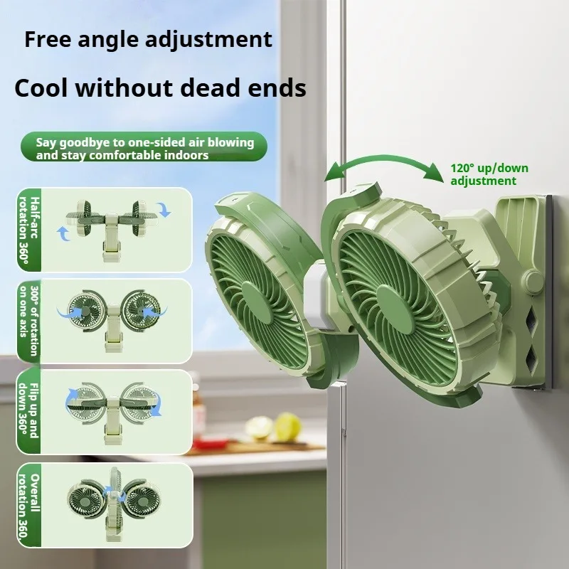 Ventilatore con clip a doppia testa Eary Kitchen con batteria da 4000 mAh e vento a 3 velocità 360 °   Ventola di raffreddamento ad aria girevole a parete con luce a LED