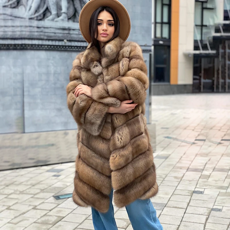 Natural Fox Fur Coat Women Luxury 2023 Winter Thick Brown Outertwear Long Sleeve Straight Genuine Real Fox Fur Jacket Feamle