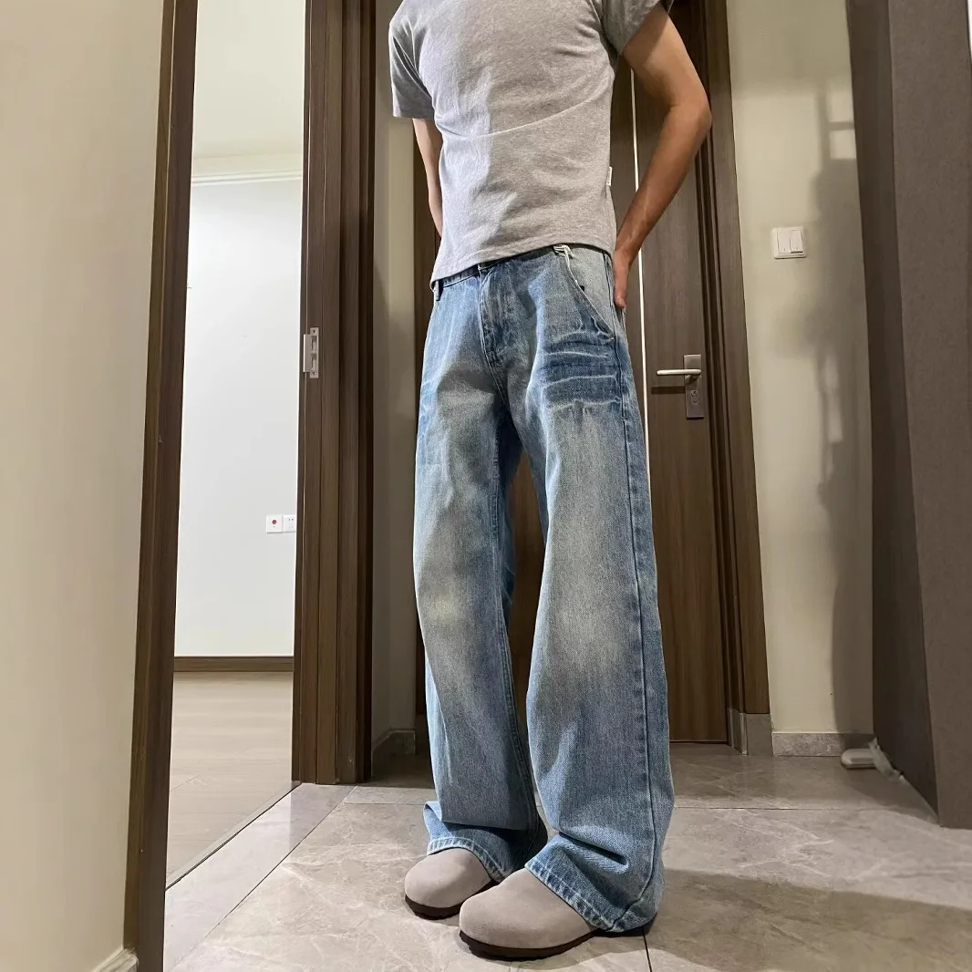 

Unique Crack Design Washed Light Blue Jeans For Men American Style Trendy Casual Versatile Loose Straight Long Pants