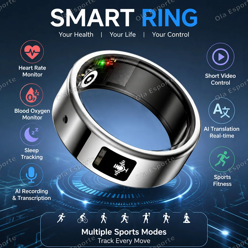 2026 AI Smart Recording Ring with Gesture Control Portable Voice Recording Health Monitoring Translation Sports Smart Ring R12
