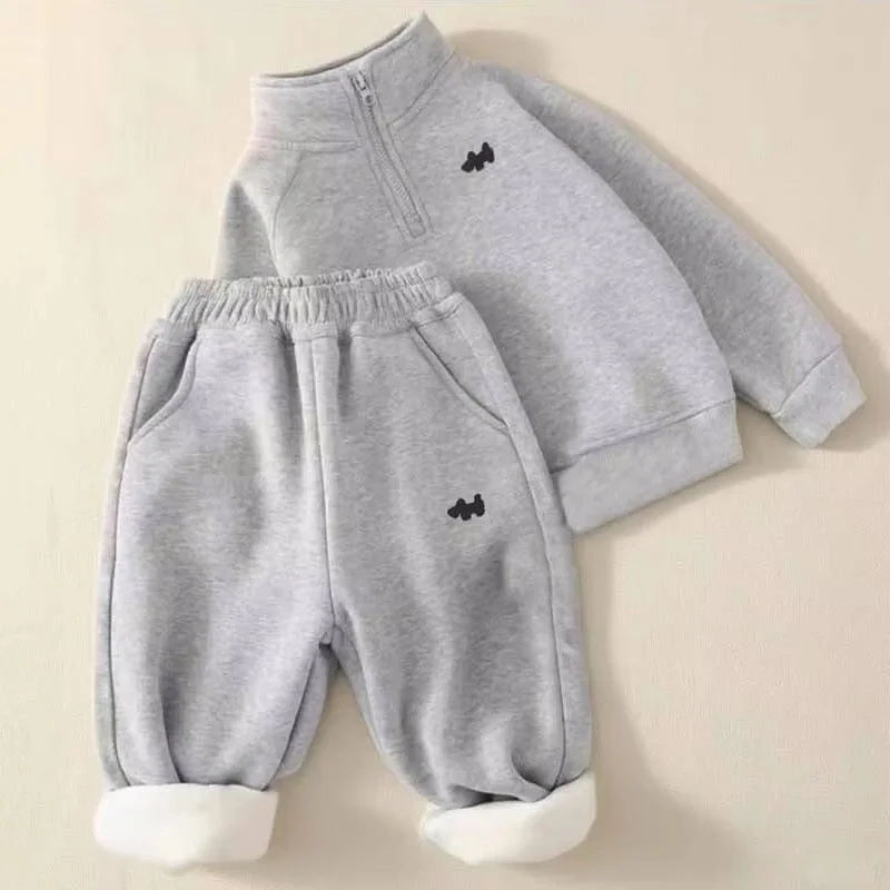 Children's Winter Add Velvet Long-Sleeved Top+Sweatpants 2Pcs Suit 2-14 Years Kids Collar Half-Zip Outfits Boys Clothes Sets New