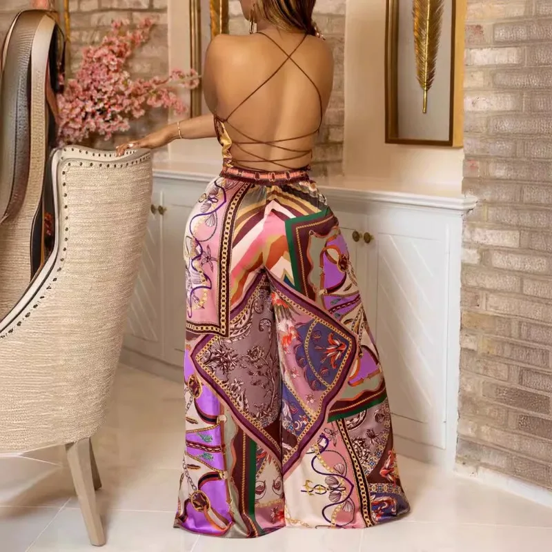 Spring Summer New Women\'s Clothing Vintage Chain Print Backless Lace up Top Wide Leg Trousers Two-Piece Set