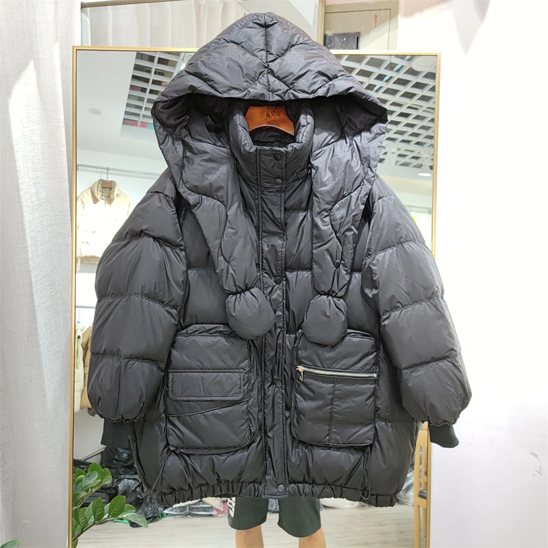 2024 Korean Fashion Winter White Duck Down Coat Women Hooded Parka Autumn Jacket Female Medium Length Warm Overcoat With Scarf