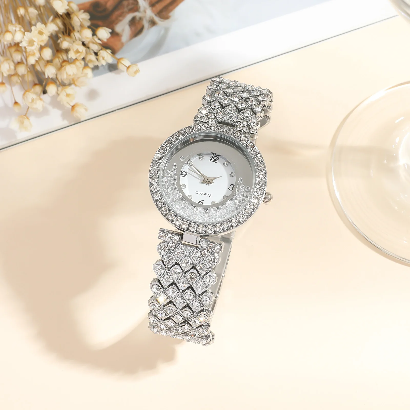 Diamante Incrustado Digital Quartz Watch, Aço Banda Pulseira Set, Luxo High End