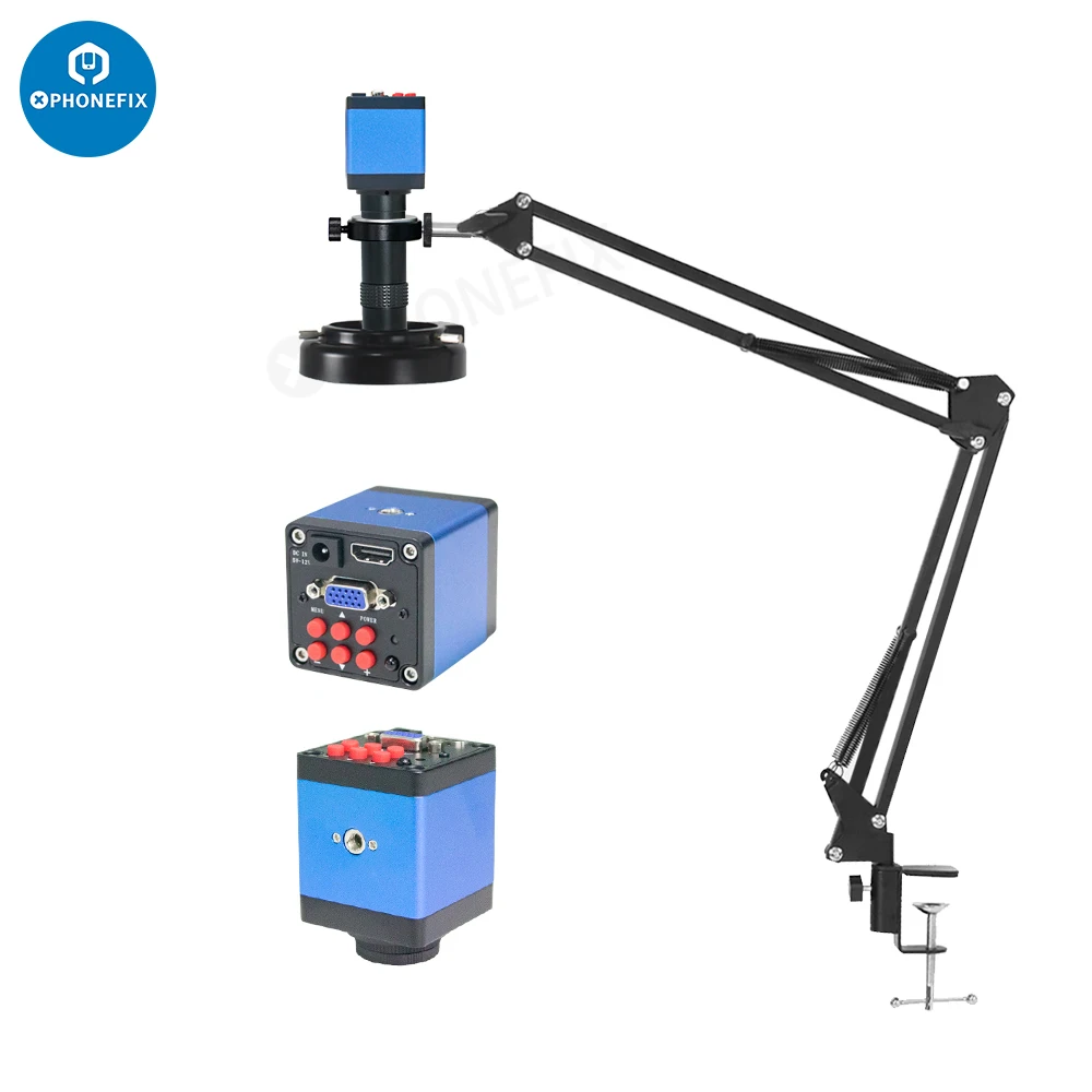 1080P 13MP HDMI VGA Industrial Video Microscope Camera 1X-130X Zoom C Mount Lens Cantilever Stand For Micro Soldering Repair