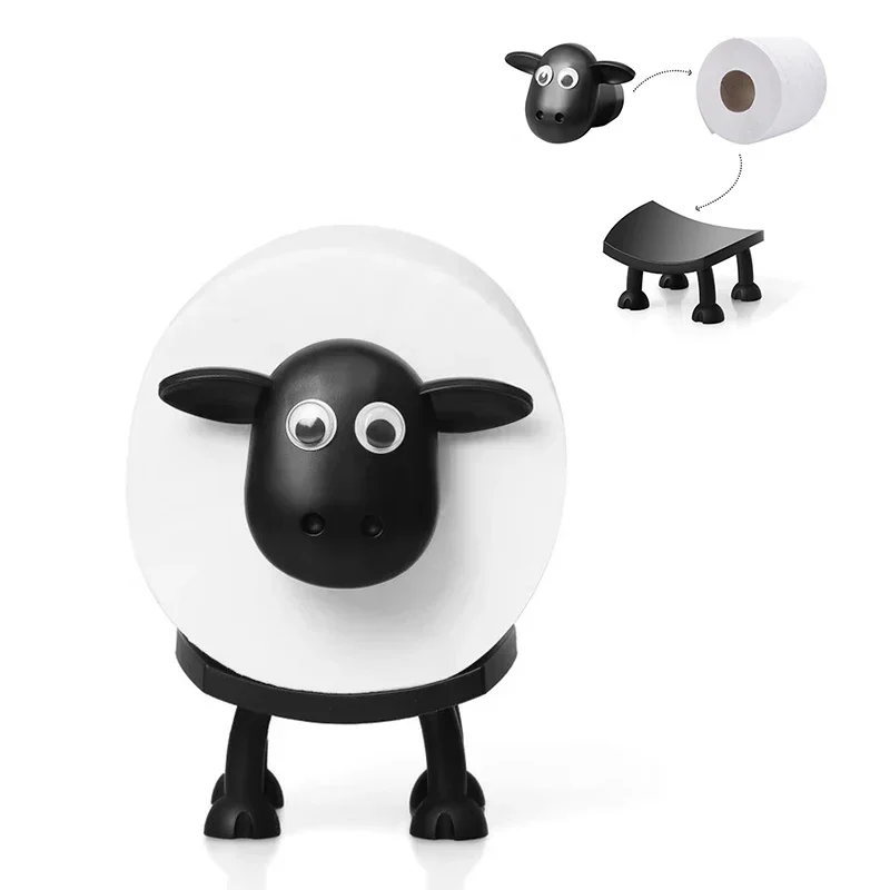 Cartoon Sheep Tissue Rack for Bathroom, Black Toilet Roll Holder Free Standing Storage Roll Paper Holder Decorative Paper Rack