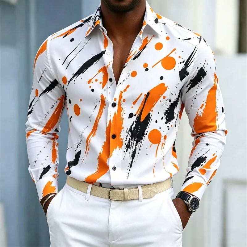 

Men's shirt trend splashed ink graffiti print men's long sleeved shirt art contrasting color lapel casual business shirt XS-6XL