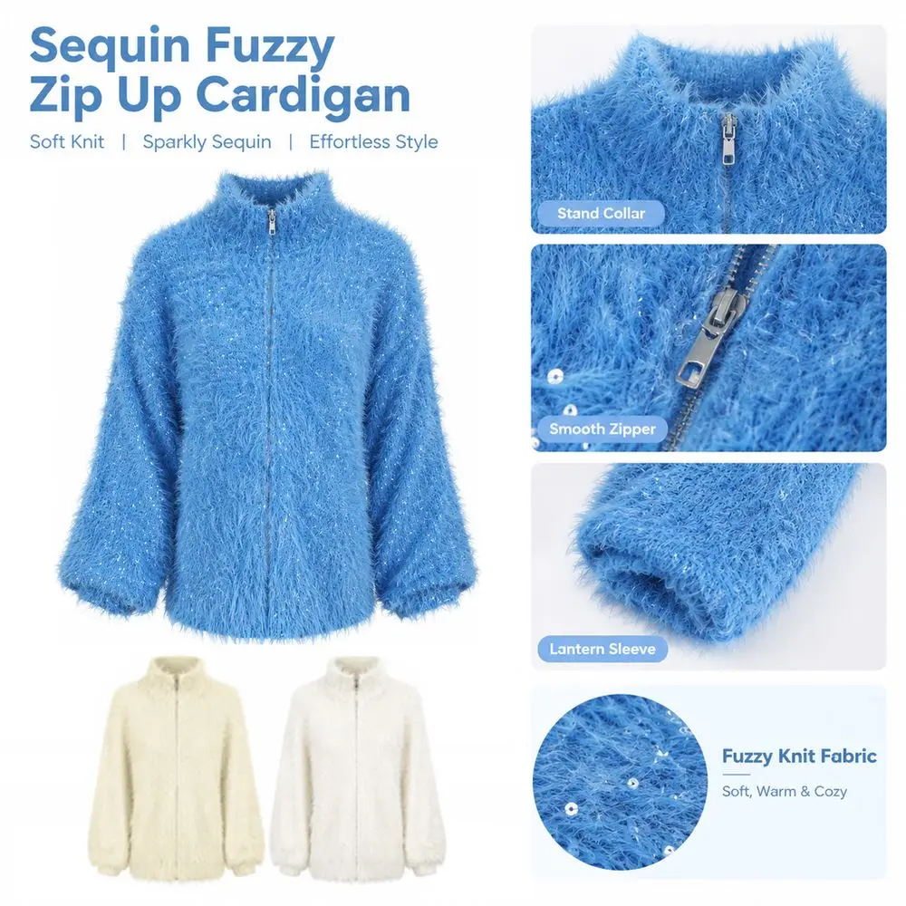 Long Sleeve Zip Up Cardigan Solid Color Fluffy Knit Fuzzy Sequin Cardigan Lantern Sleeve Stand Collar Sweater