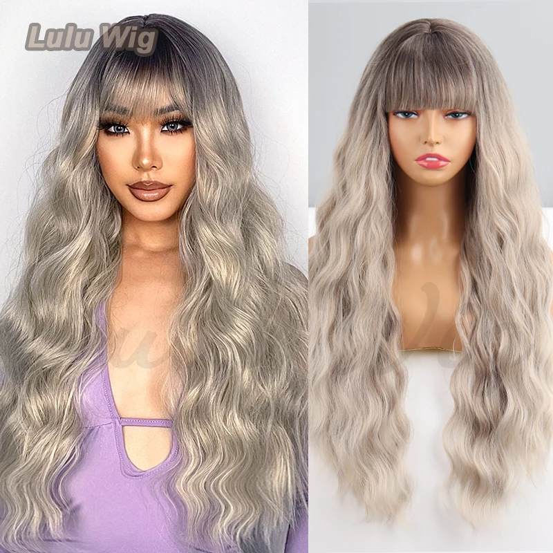 

Wavy Long Ombre Grey Blonde Wigs for Women Ombre Blonde Wig with Bangs Women Blond Synthetic Curly Wig for Girl Cosplay Wigs