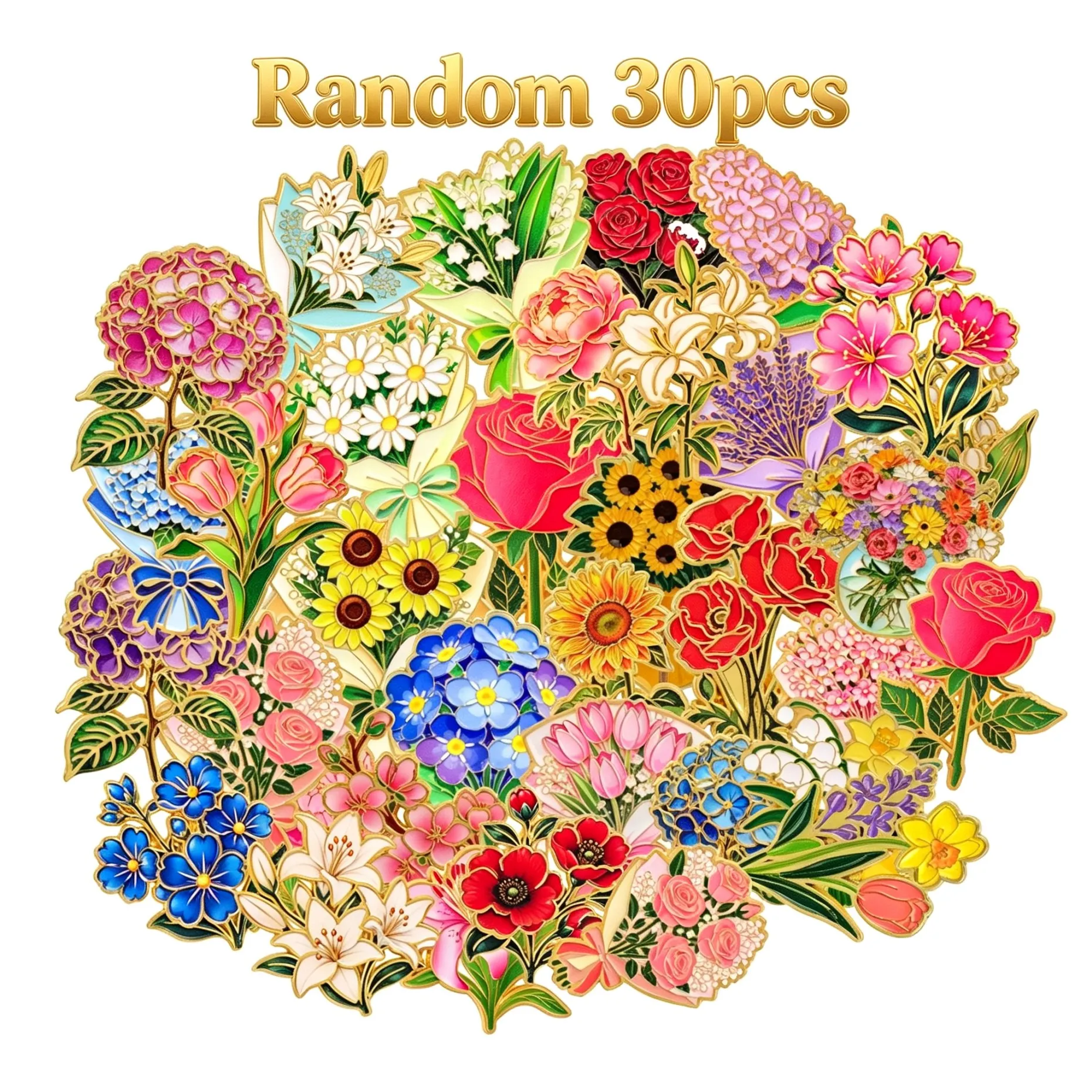 Random 30Pcs Mixed Flower Enamel Pins Bulk Colorful Floral Rose Lapel Pin Badge For Backpack Hat Clothing Decor Jewelry Gift