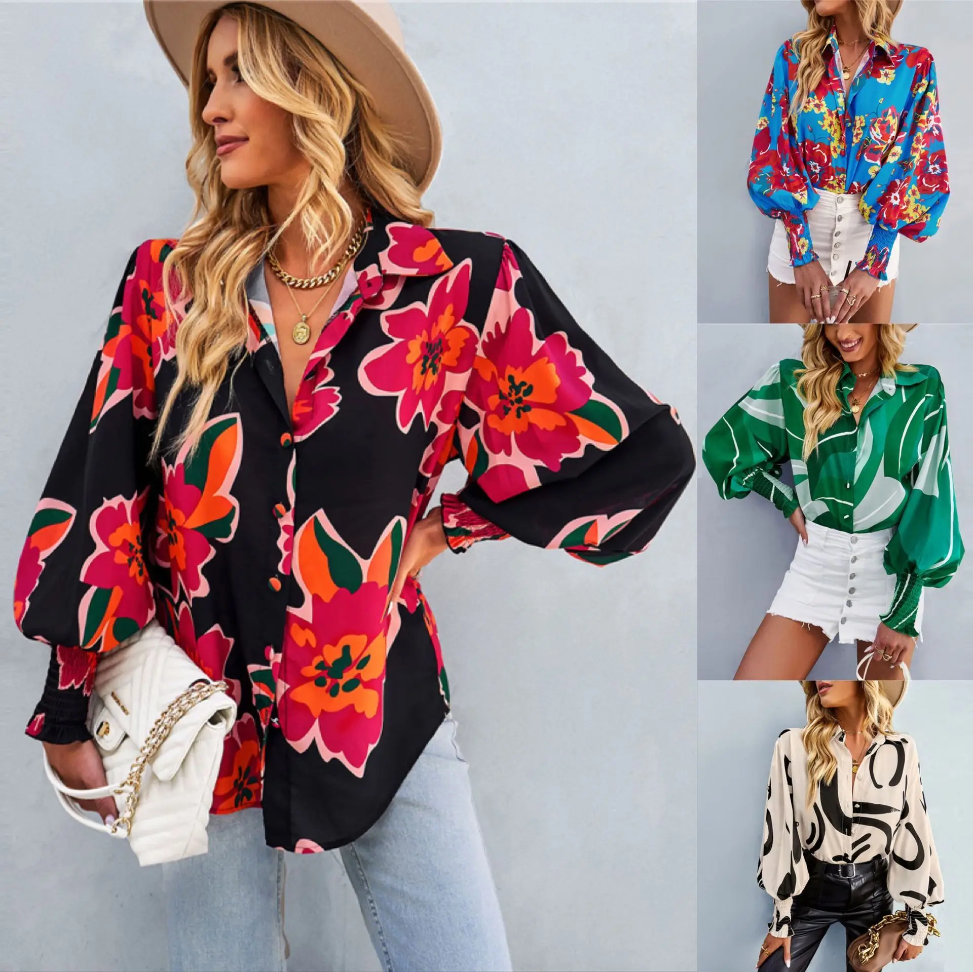 Contrast Color Lapel Blouse Loose Buttoned Style Long Sleeves Leisure Fashion Women Dress