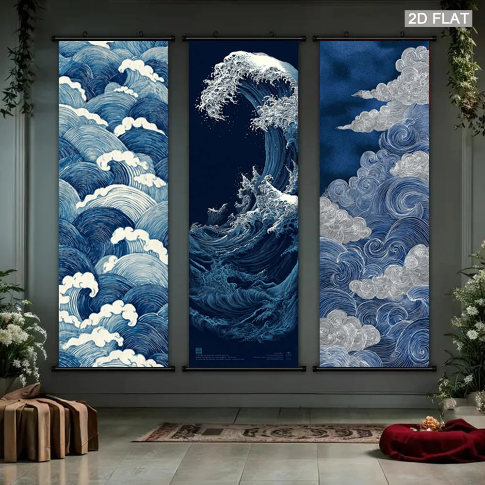 Japanese Wave Scroll Tapestry Ukiyo-i Blue Ocean Xiang Hanging Painting Poster Decoration Living Room Home Room Decoration