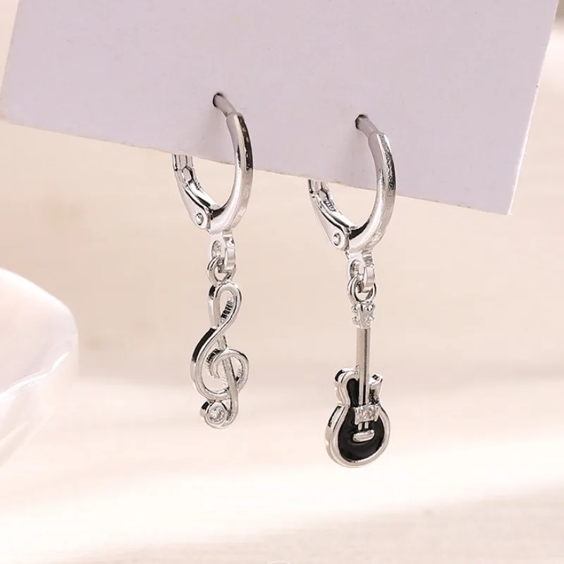 Fashion Asymmetrical Black Guitar Musical Note Dangle Earrings for Women Trend Inlaid Zircon Korean Ear Buckle Girl Jewelry Gift