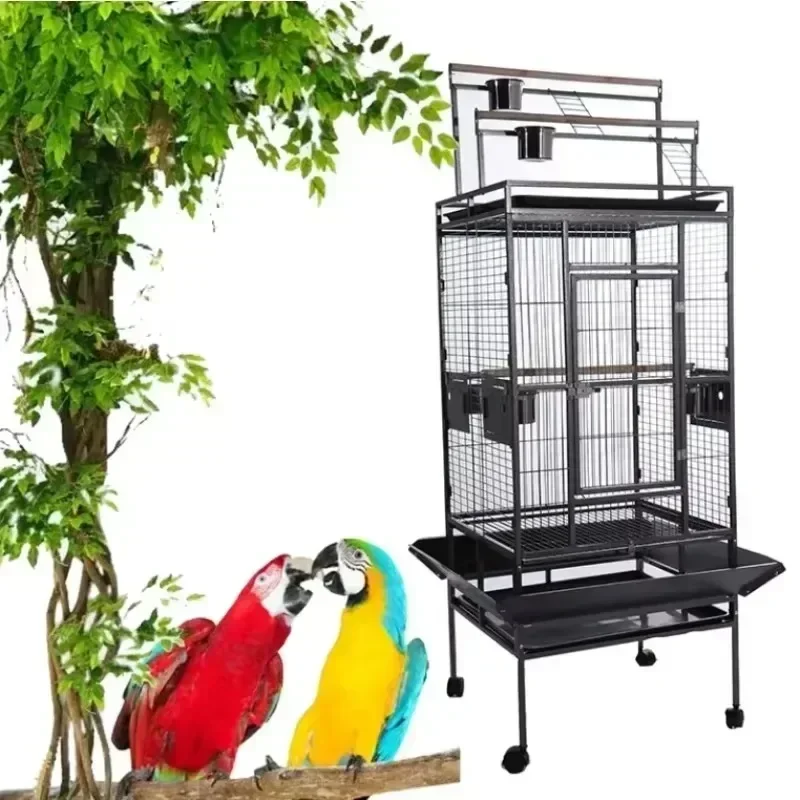 68 Inch Parrot Pet Big Bird Cage, Large Space 6 Feeders Bird Breeding Cage, Black Metal Iron 4 Wheels Macaw Bird Cage