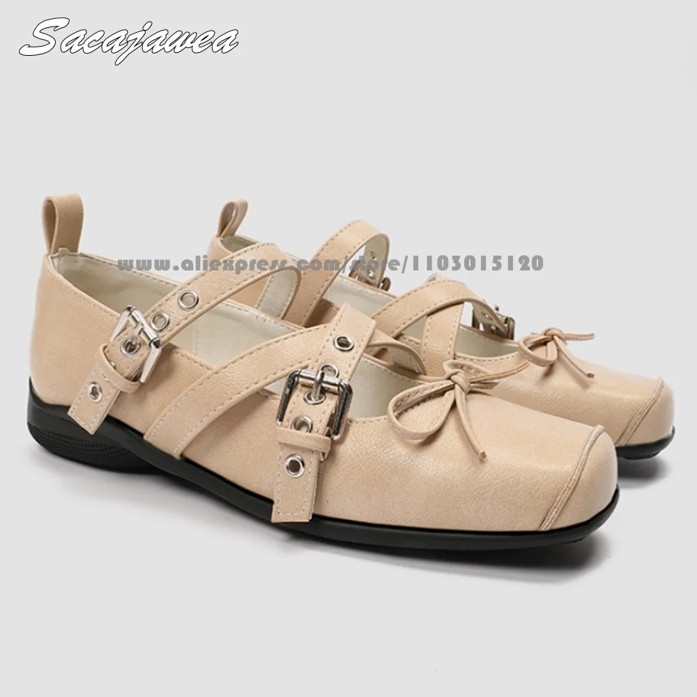 Split Leather Bow Knot Belt Buckle Strap Shallow Flats Square Toe One Word Belt Ballet Style Flats Non-Slip Casual Shoes