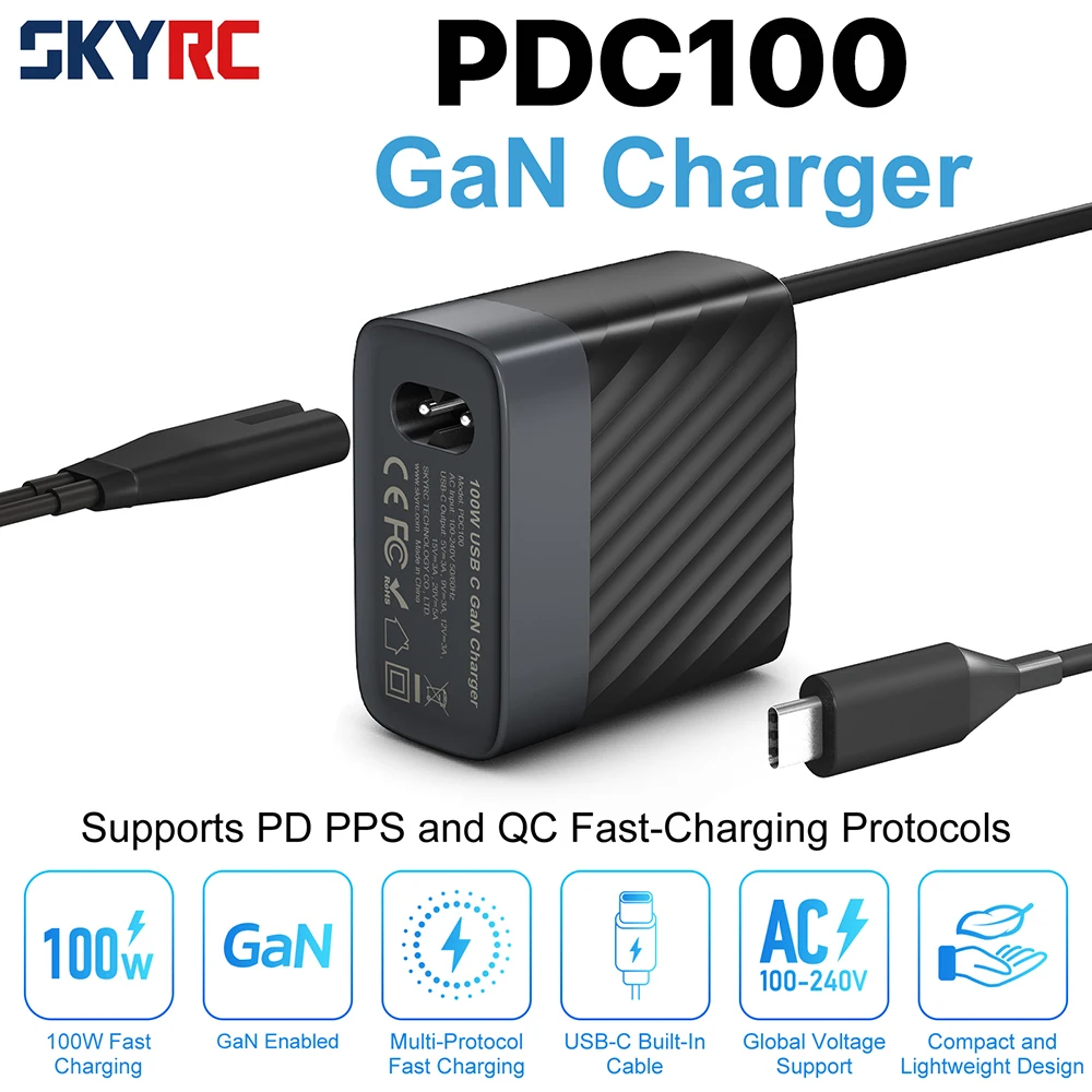 SKYRC PDC100 100W GaN Charger 100-240V AC Support Multi Protocol Built-in USB-C Cable Plug and Play for RC Devices Phones Laptop