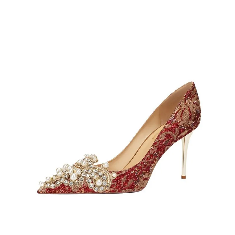 

B50 Китайские свадебные туфли Xiuhe для свадебных тостов, женские нишевые свадебные туфли на высоком каблуке с жемчугом и красным жемчугом, Zapatos De Mujer Ofertas Chaussure Femme