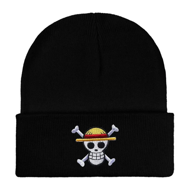 Anime ONE PIECE Luffy Skull Embroidered Beanies Hat Men Winter Autunm Warm Knitted Bonnet Cap Wool Skullies Boys Beanies Caps