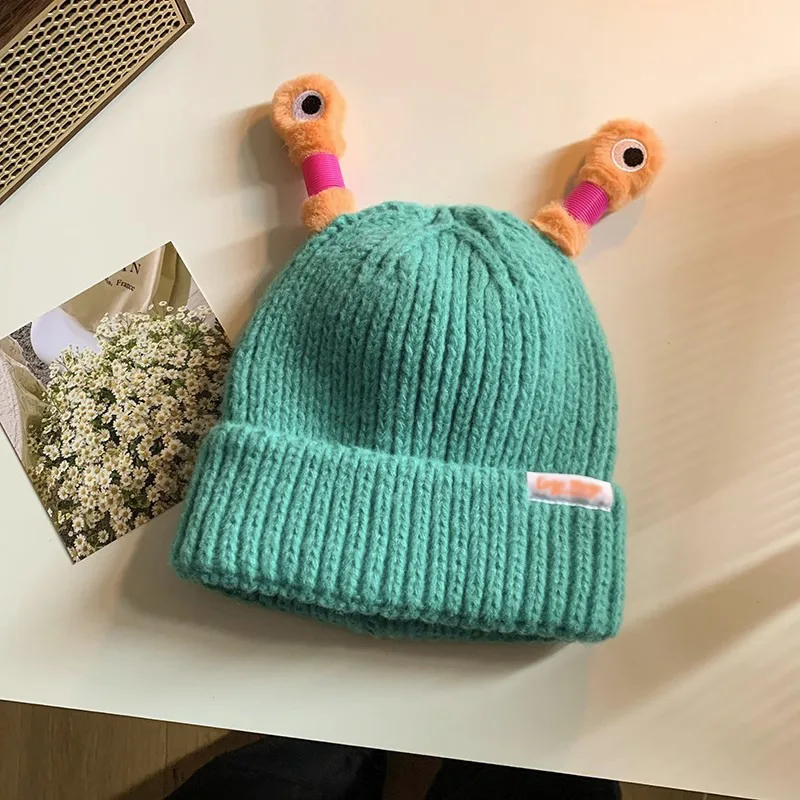 Funny Luminous Led Light Little Monster Eyes Cap Beanie For Women Girls Cute Cartoon Antenna Winter Warm Knitted Woolen Hat