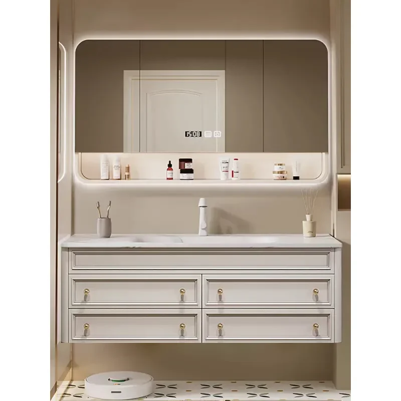 New French Style Rock Slab Hot Bending Integrated Basin Bathroom Cabinet with American Oak Washbasin Combination