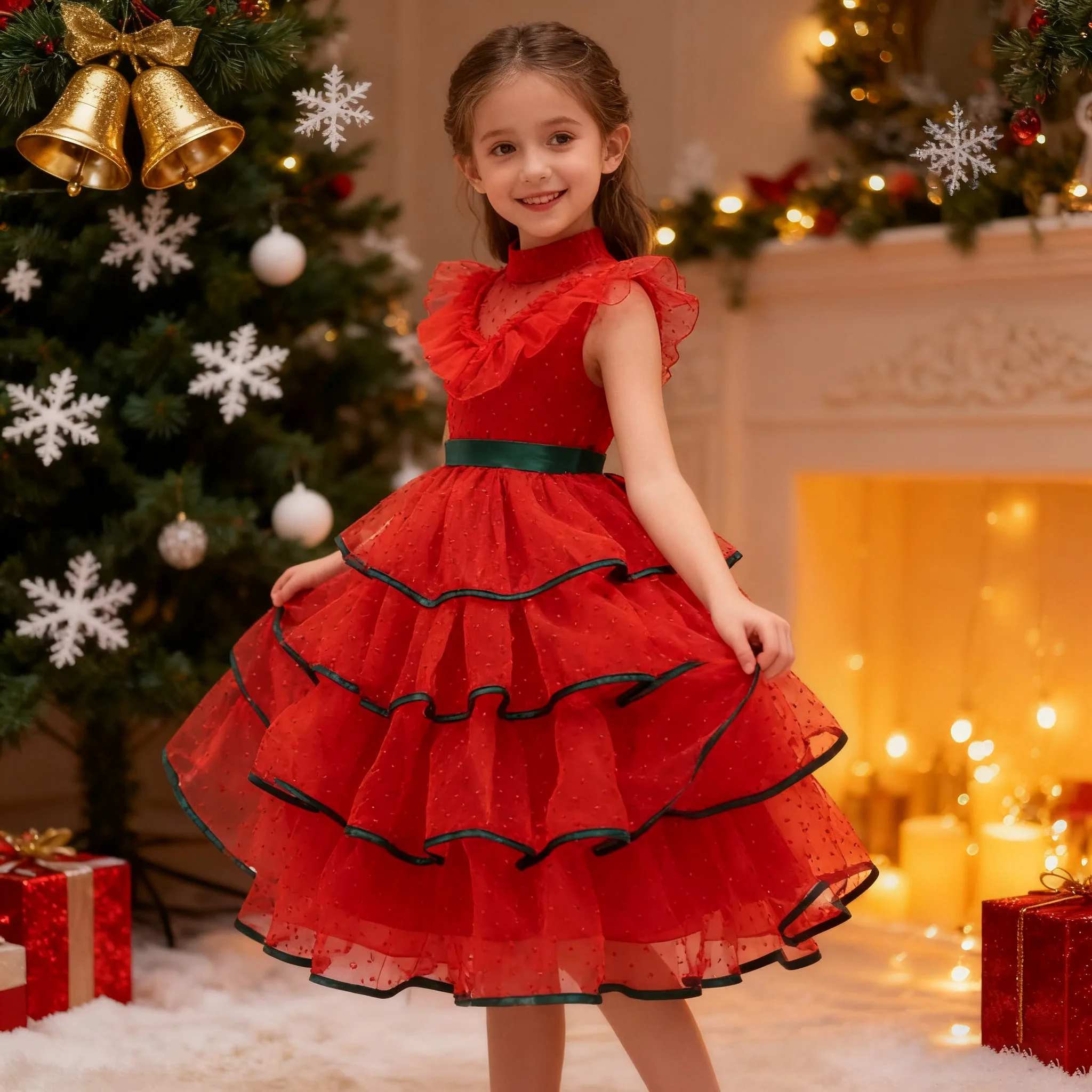 

Рождественское платье RedTulle для девочек с цветочным узором, вечерние длинные платья принцессы для девочек, свадебное красное платье, детский костюм на Хэллоуин