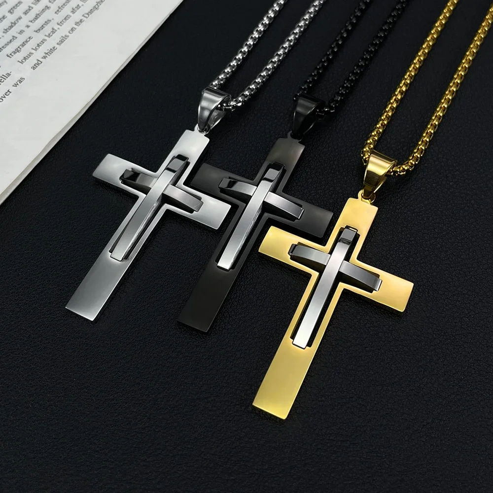 JHSL Male Men Cross Pendants Necklace Fashion Christian Jewelry Chain Stainless Steel Black Silver Gold Color New Arrival 2023