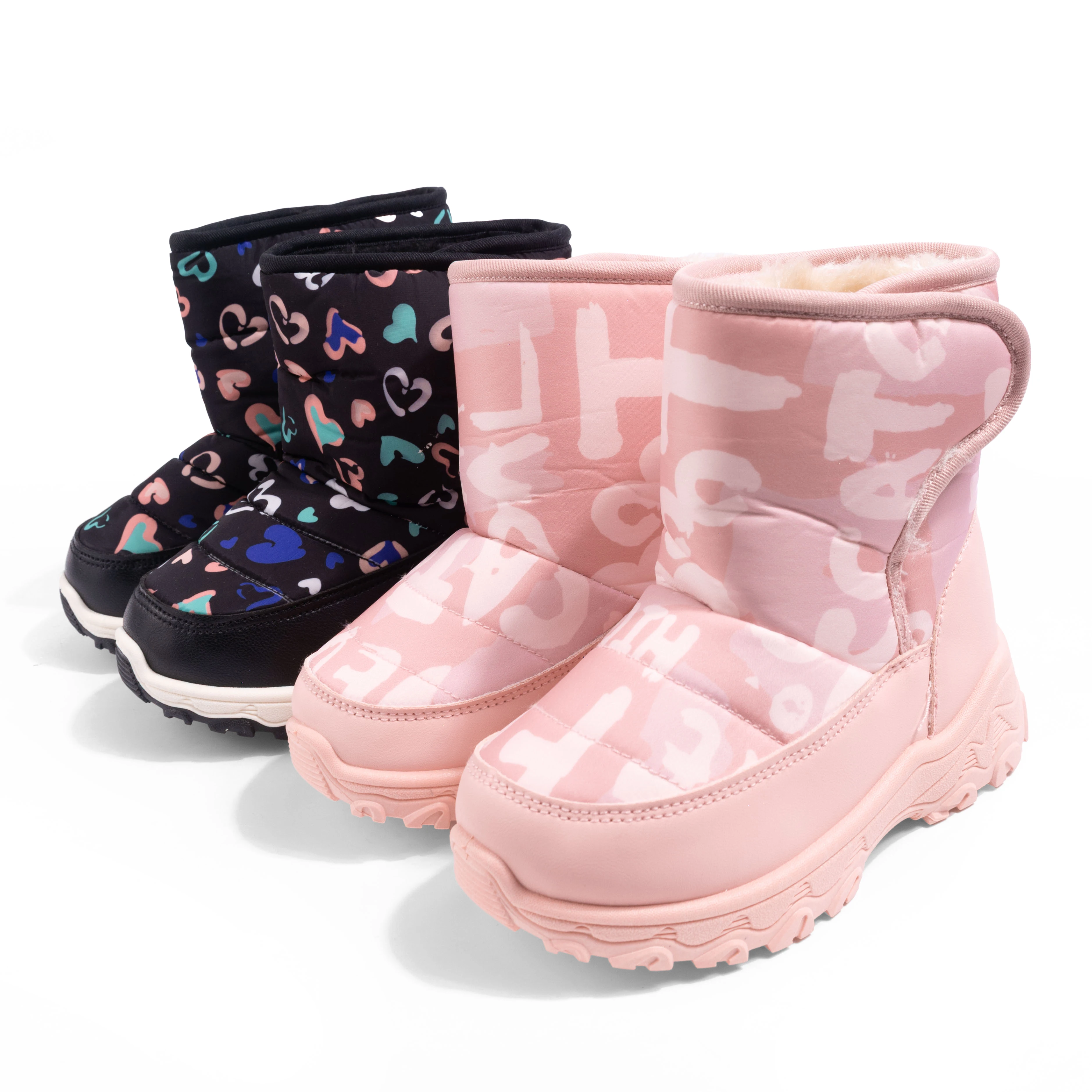 Winter Girls' Snow Boots with Pink Letter Pattern, Plush Lining, Waterproof Upper, Thick Sole, Baby Girl Cotton Boots