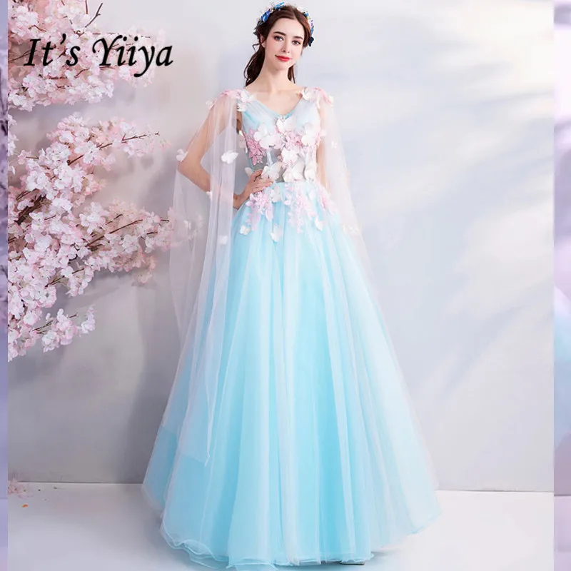 It\'s YiiYa Green Tulle Evening Dresses Sleeveless V-neck Butterfly A-line Floor-length Plus size Women Party Formal Gown LX799