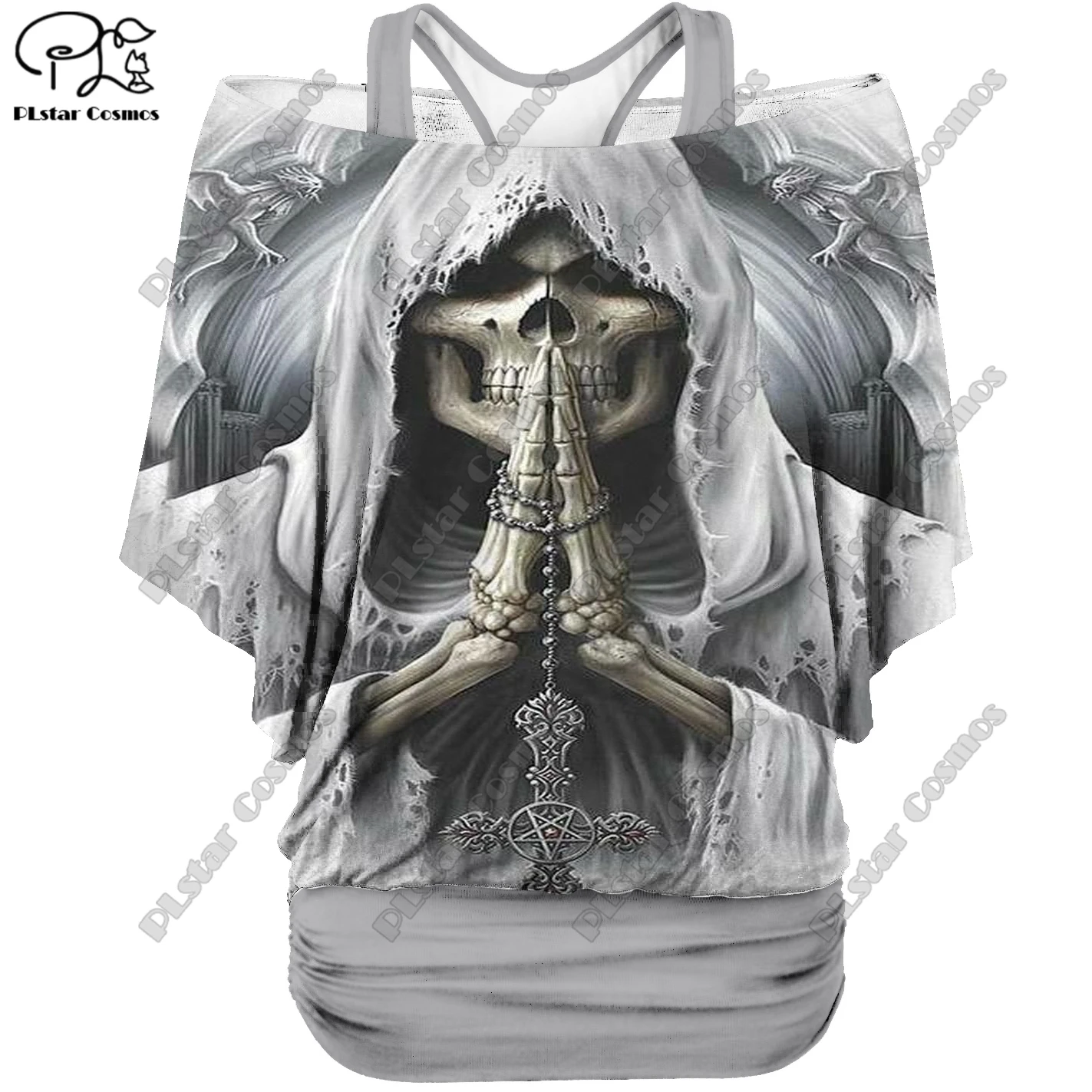 PLstar Cosmos 3D Printed Fake Two-Piece Top Women's Retro Punk Skull Rose Casual T-Shirt Halloween Costume Collection 12